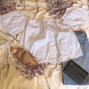 Off-The-Shoulder Poplin Top in Nautical Stripe